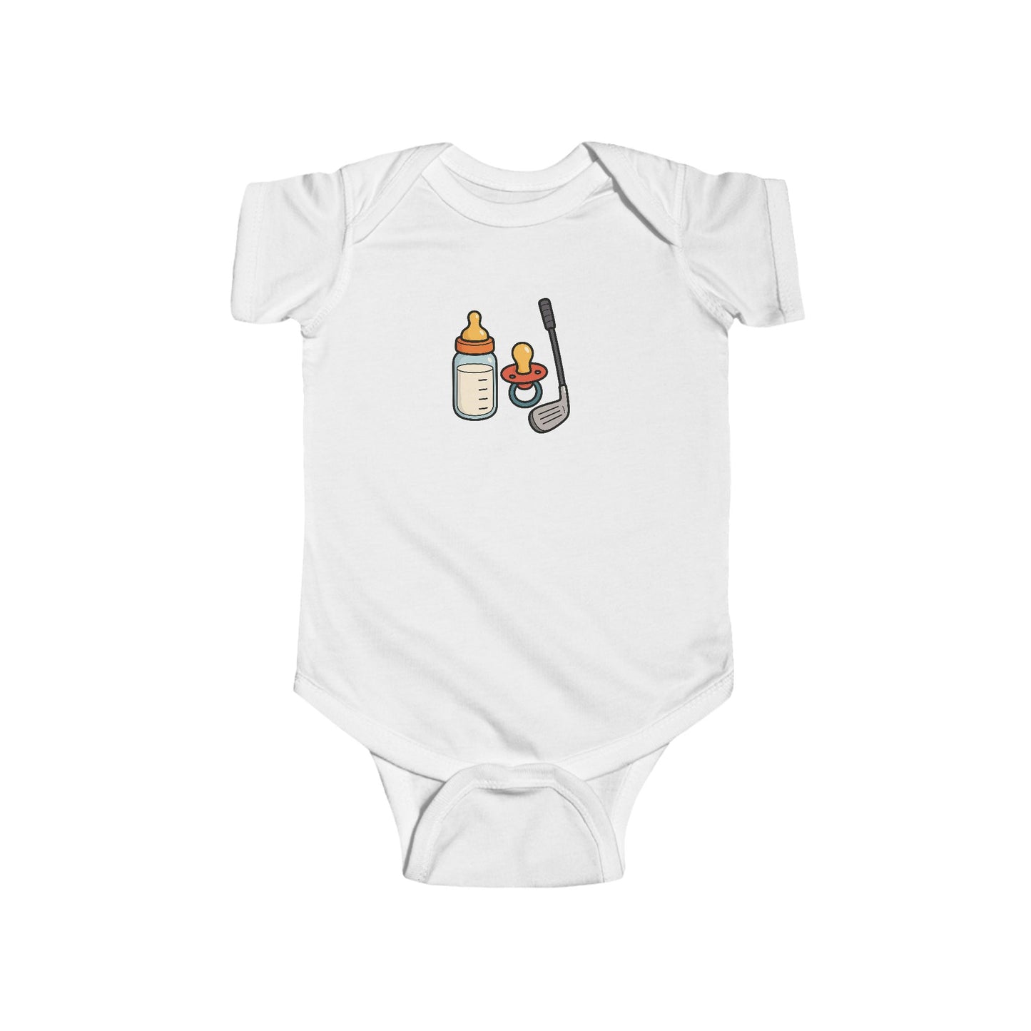 milk, pacifier, golf club baby onesie