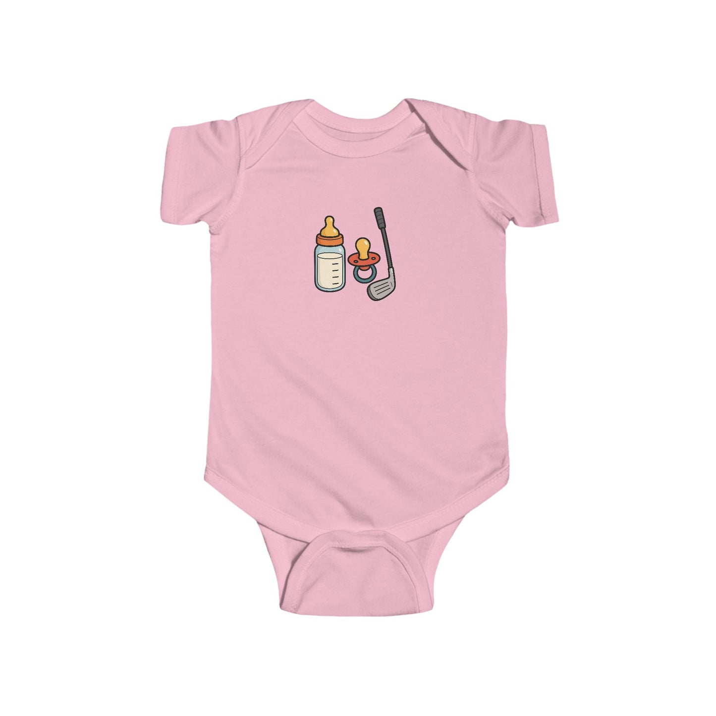 milk, pacifier, golf club baby onesie