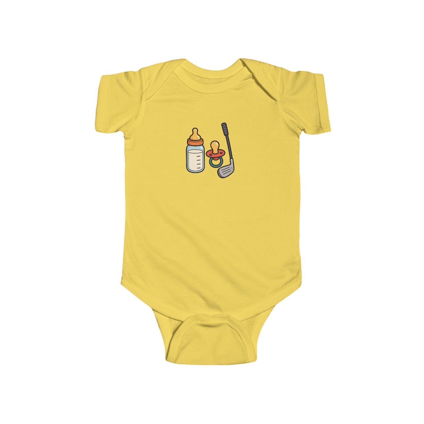 milk, pacifier, golf club baby onesie