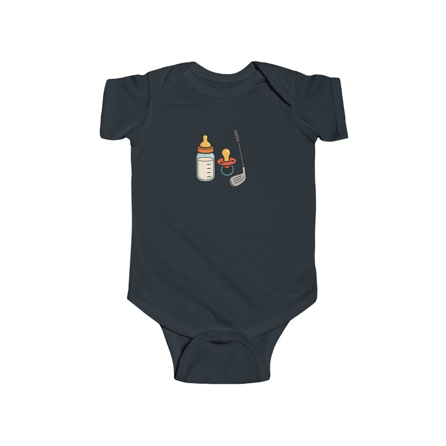 milk, pacifier, golf club baby onesie