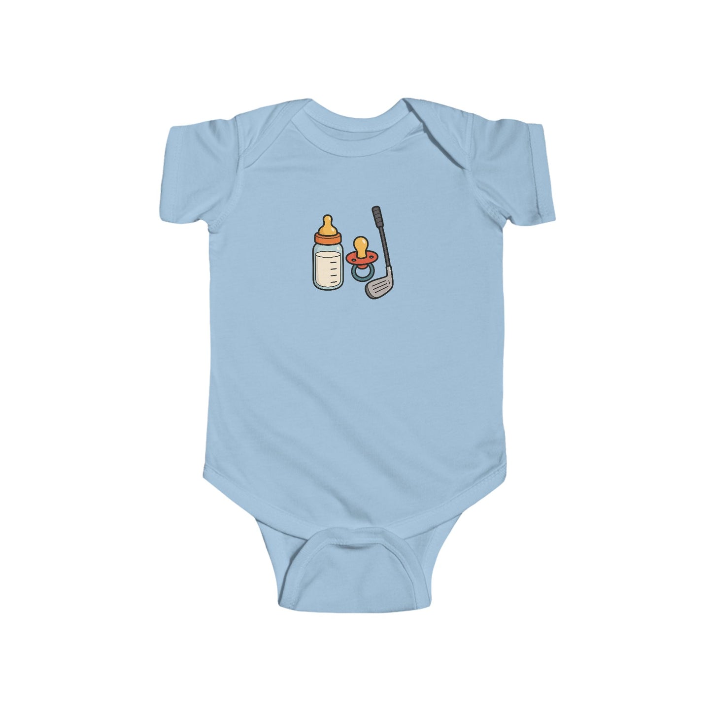 milk, pacifier, golf club baby onesie