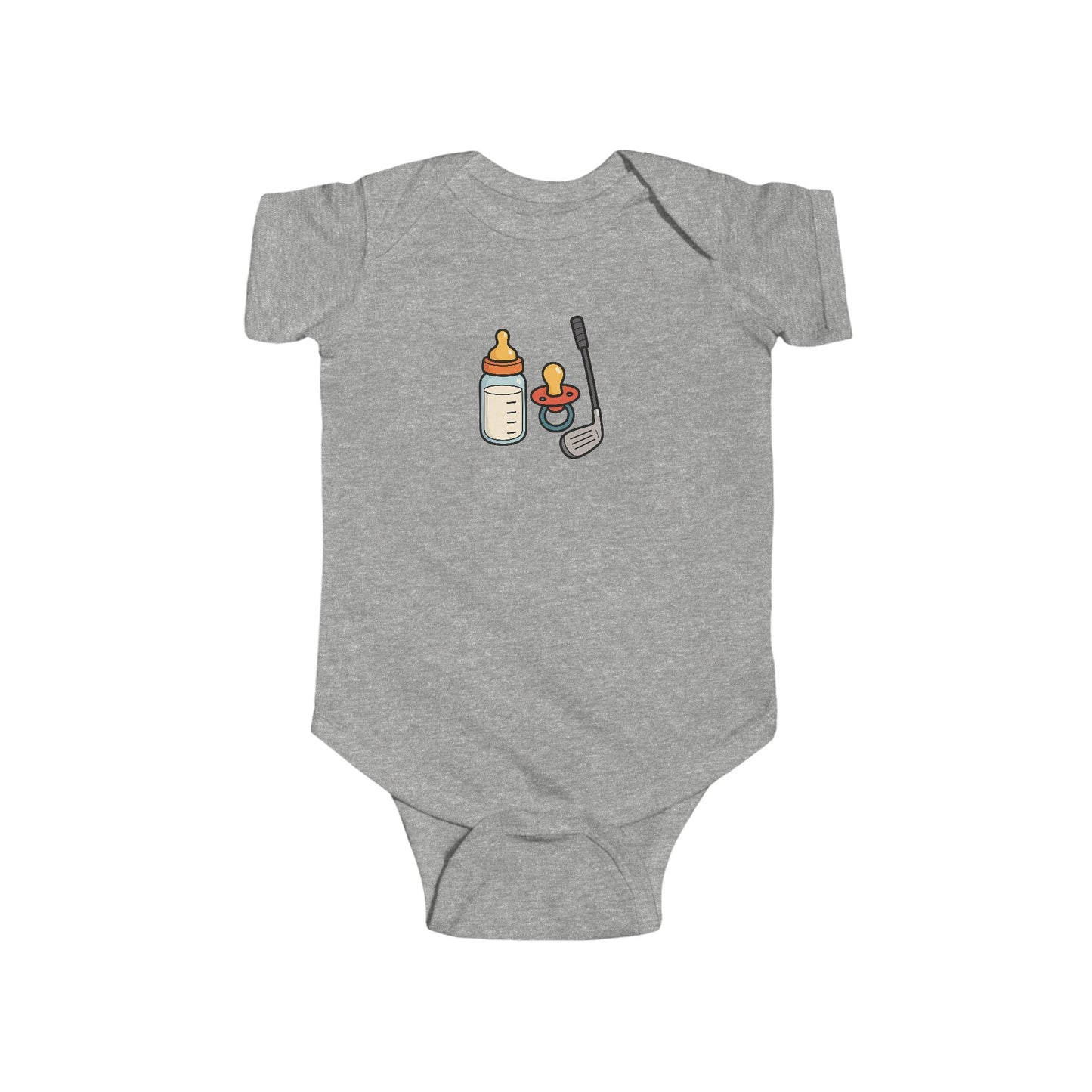 milk, pacifier, golf club baby onesie